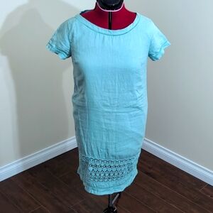 La Naturelle| Blue Linen Midi Short Sleeved Dress With Lace Floral Pattern